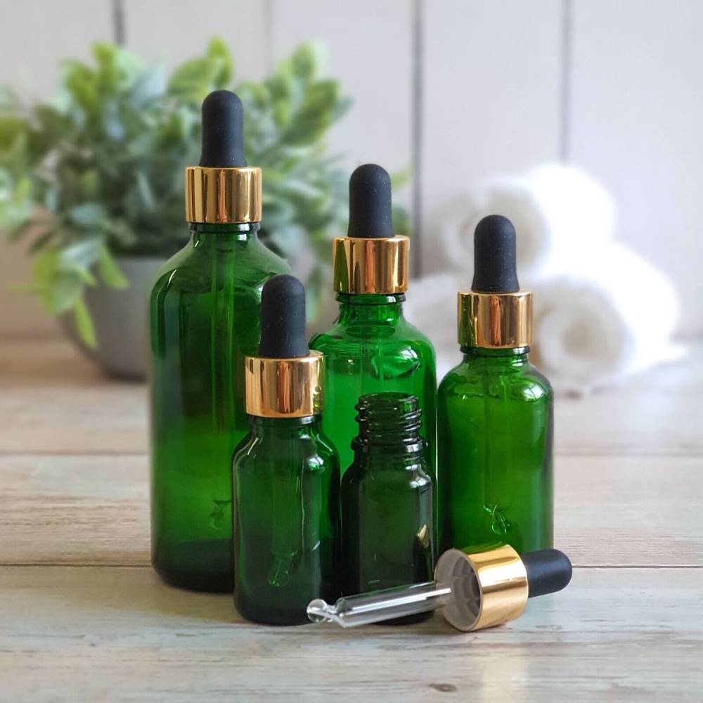 Zaļa stikla pudele Green Glass Bottle Gold & Black 10ml-100ml