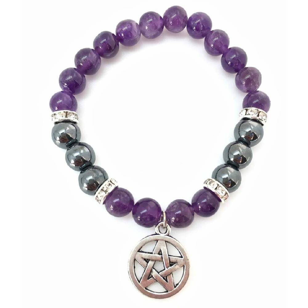 Rokassprādze MIX Amethyst & Hematite with Pentacle 8mm