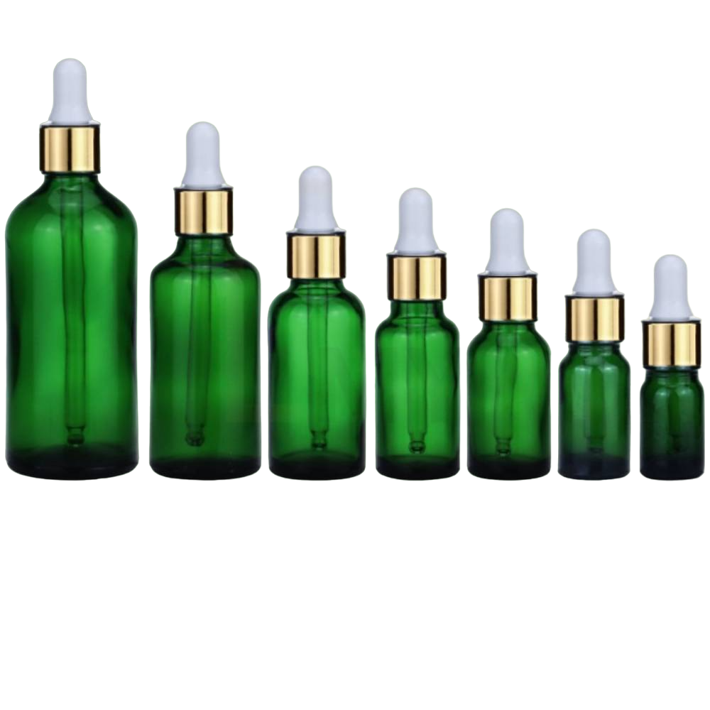 Zaļa stikla pudele Green Glass Bottle Gold & White 10ml-100ml